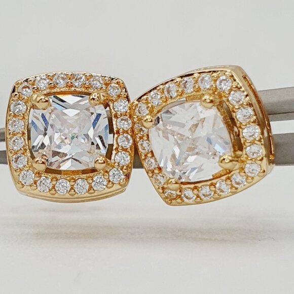 💥Classical Square Gold Plated Round Zircon Stud Earrings forWomen/Men,UNVN12436 - Picture 2 of 2
